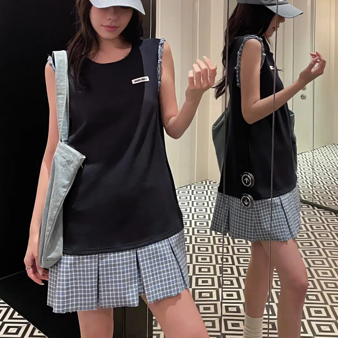 『S-L』おすすめ 魅力的 売れ筋 トレンド ノースリーブ チェック柄  切り替え 2色 ワンピース