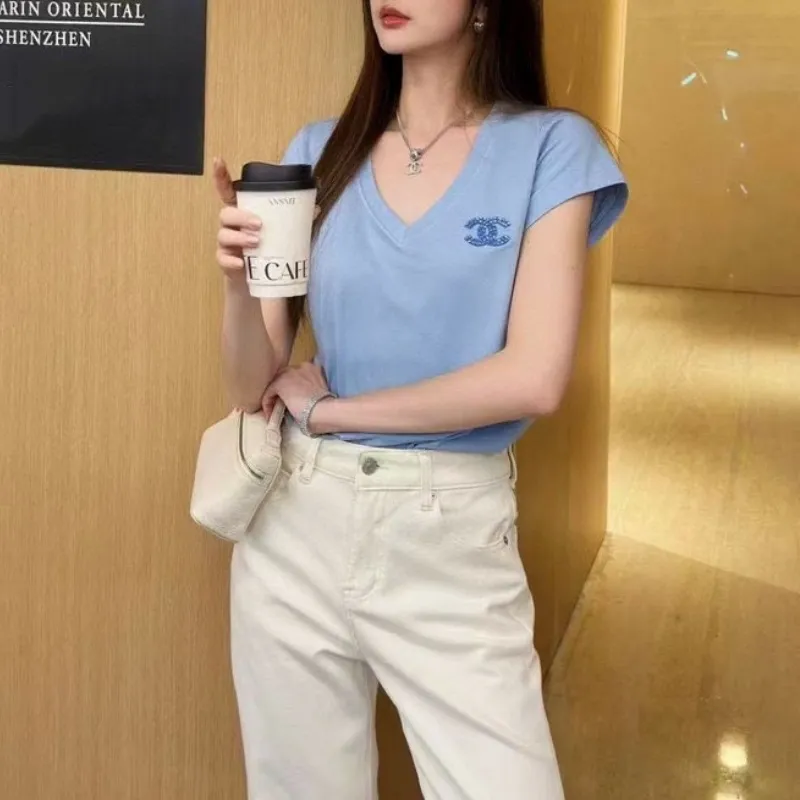 『S-L』元気いっぱい 好感度UP 通気性 着心地良い ファッションフェミニン Vネック半袖Tシャツ