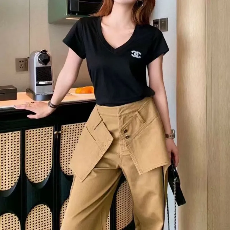 『S-L』元気いっぱい 好感度UP 通気性 着心地良い ファッションフェミニン Vネック半袖Tシャツ