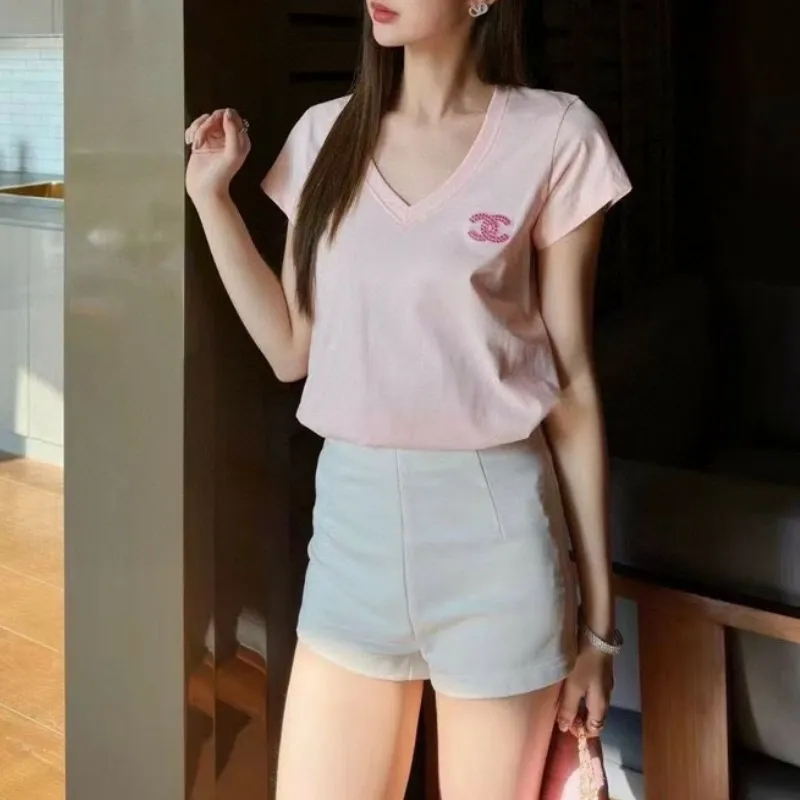 『S-L』元気いっぱい 好感度UP 通気性 着心地良い ファッションフェミニン Vネック半袖Tシャツ