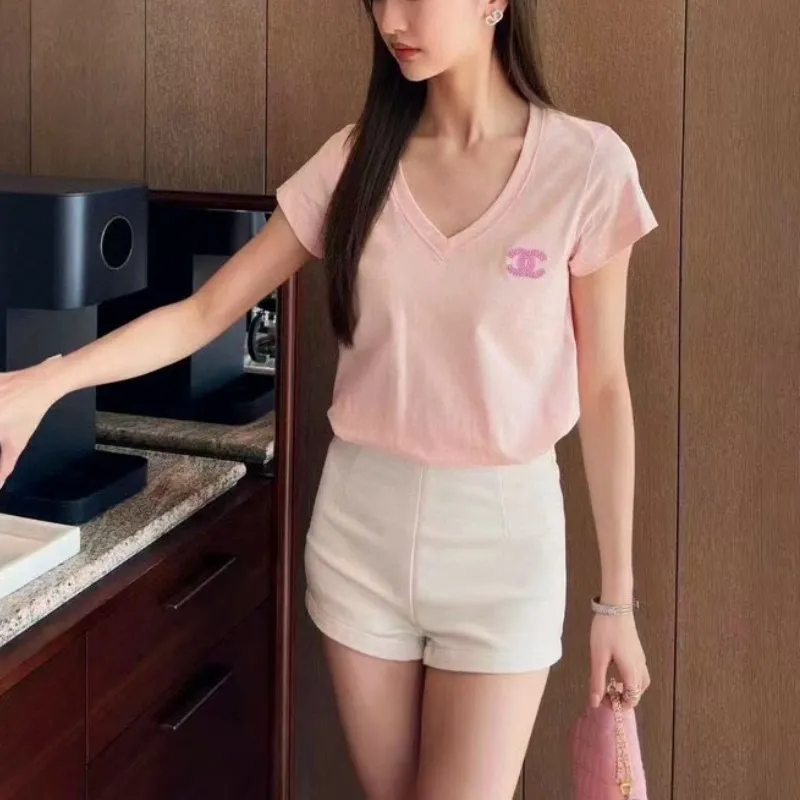 『S-L』元気いっぱい 好感度UP 通気性 着心地良い ファッションフェミニン Vネック半袖Tシャツ