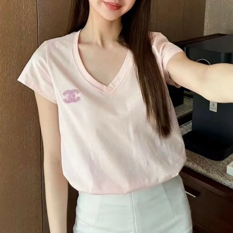 『S-L』元気いっぱい 好感度UP 通気性 着心地良い ファッションフェミニン Vネック半袖Tシャツ