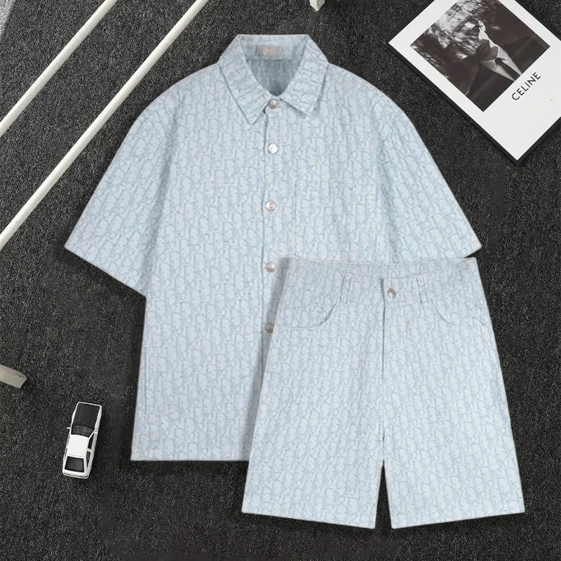 『S-XL』新作 フルレターデコデニムシャツ カジュアル ジャカード 半袖 シャツ ショーツ セットアップ