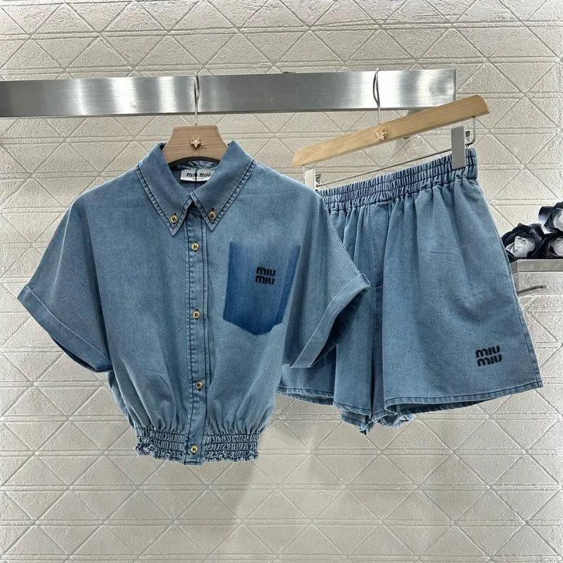 『S-L』人気上昇中 手触り良く デニム ショート丈 折り襟 セットアップ