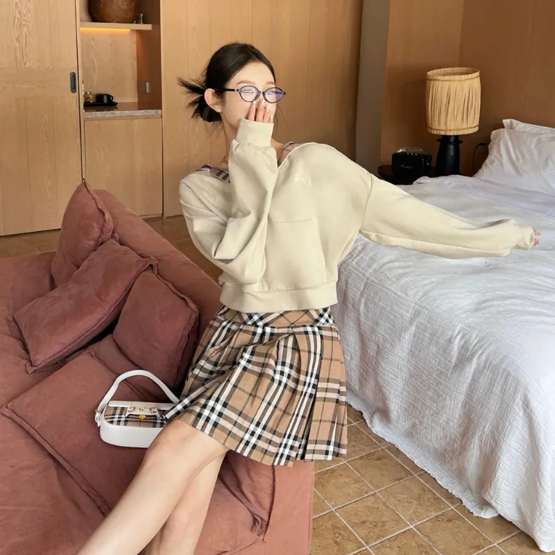 『S-L』超人気商品 質感のいい モード フード付き プリーツ チェック柄 セットアップ