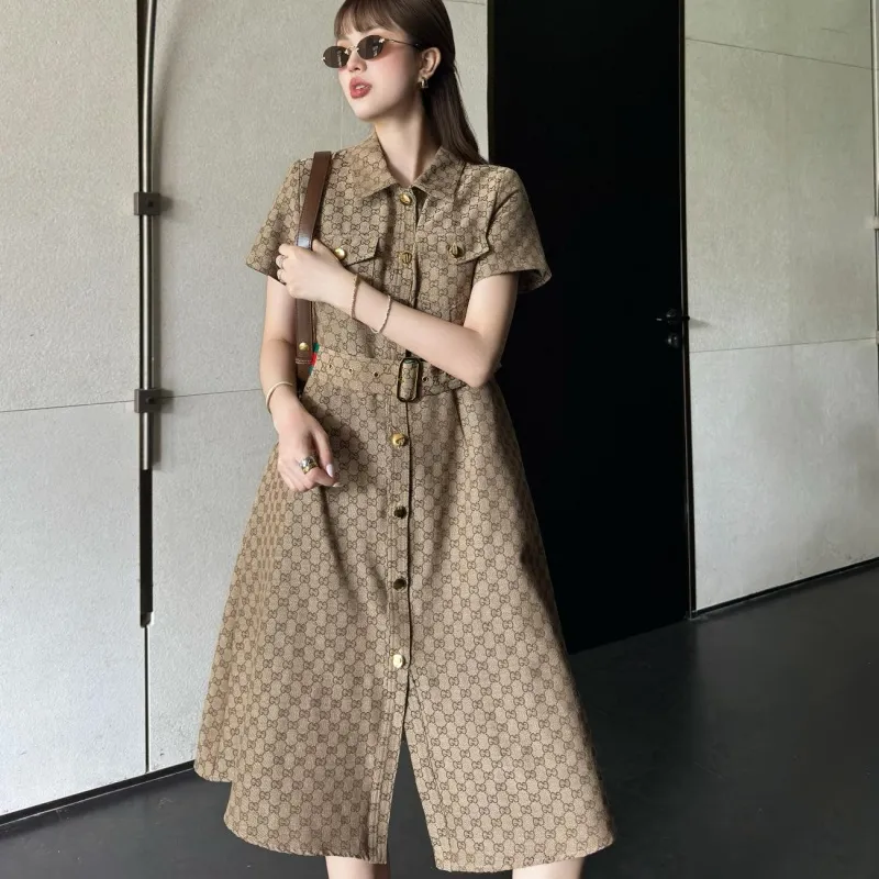 『S-L』好感度100％ 質感のいい セレブリティ ベルト付き 折り襟 ワンピース