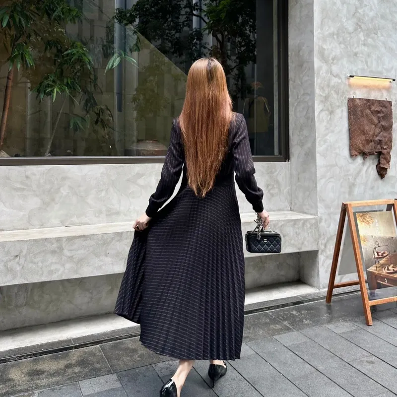 『S-L』おすすめ 好感度100％ エレガント 折り襟 ストライプ ワンピース