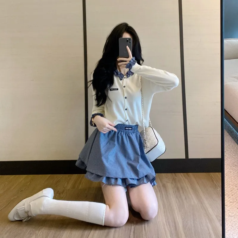 『フリー』元気いっぱい 人気爆発中 ガーリッシュ チェック柄 ニット生地 セットアップ