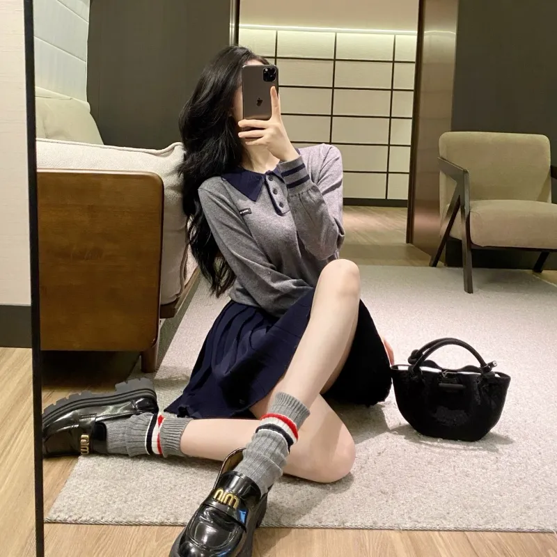 『フリー』好感度100％ 質感のいい ガーリッシュ 折り襟 ニット生地 セットアップ